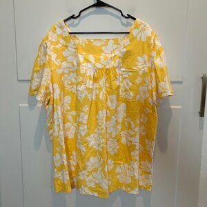Women's 3X Yellow Floral Square Neck Short Sleeve Blouse Top Recycled Polyester